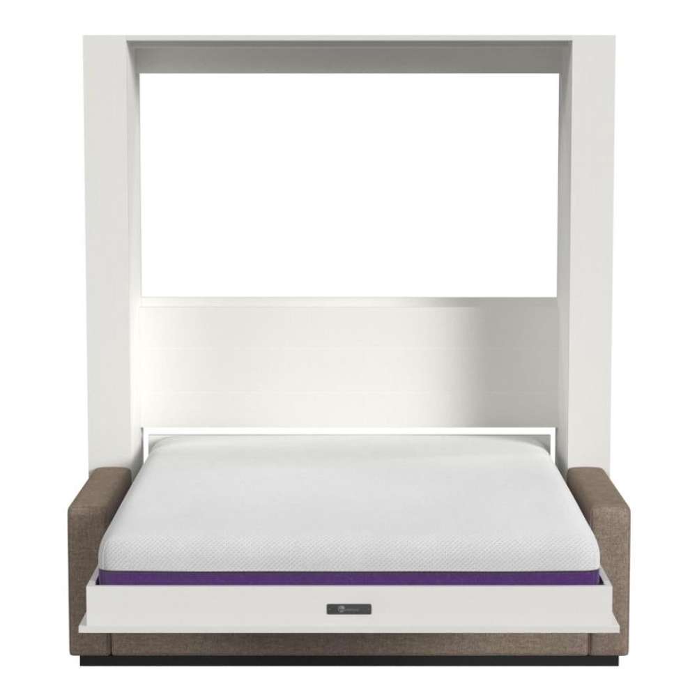 White Inovabed Wall Bed with Sofa and Two Nightstands seen head-on on a white background, opened with a bare mattress showing a purple band and a dark sofa base
