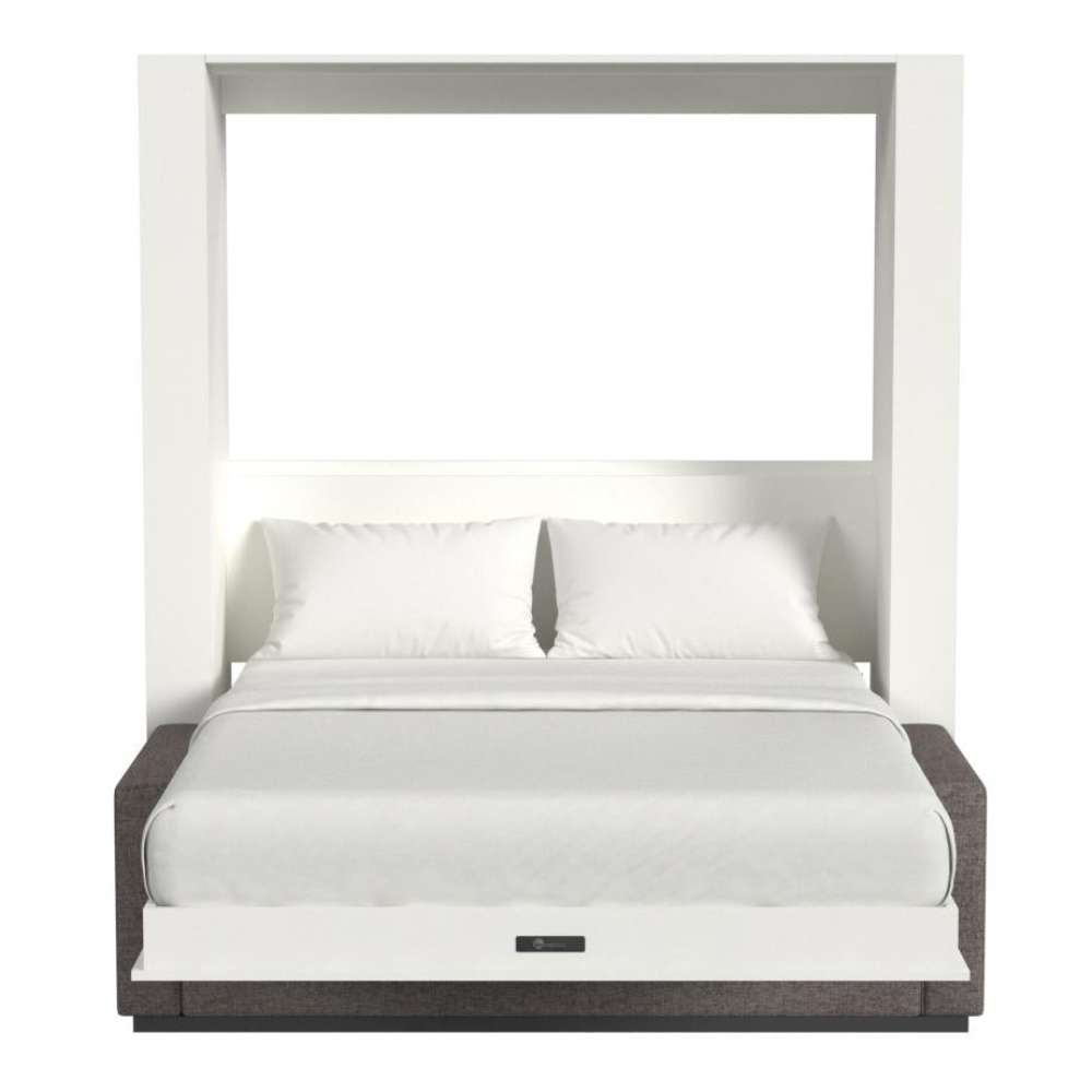 White Inovabed Wall Bed with Sofa and Two Nightstands seen head-on on a white background, opened with two white pillows, white bedding and a dark sofa base