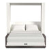 White Inovabed Wall Bed with Sofa and Two Nightstands seen head-on on a white background, opened with two white pillows, white bedding and a dark sofa base