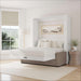 White Inovabed Wall Bed with Sofa and Wide Flex Cabinet opened in a bright room with white bedding, a framed landscape print above the headboard and a gray sofa base