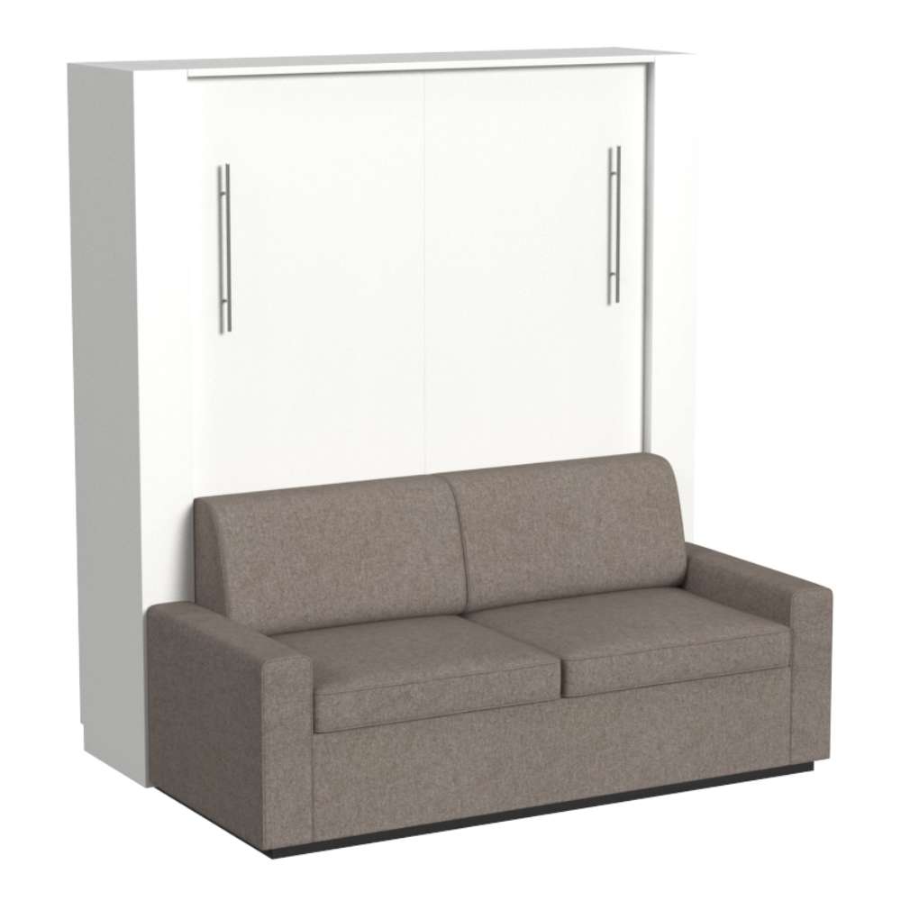 White Inovabed Wall Bed with Sofa and Wide Flex Cabinet photographed at an angle on a white background, closed with a two-seat beige sofa in front of the cabinet