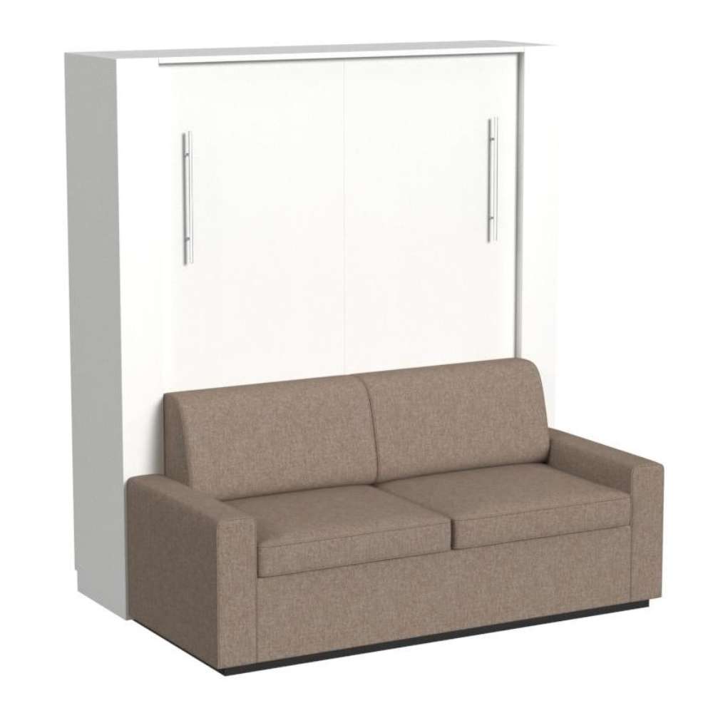 White Inovabed Wall Bed with Sofa and Wide Flex Cabinet photographed at an angle on a white background, closed with a two-seat taupe sofa and two slim silver handles on the cabinet doors