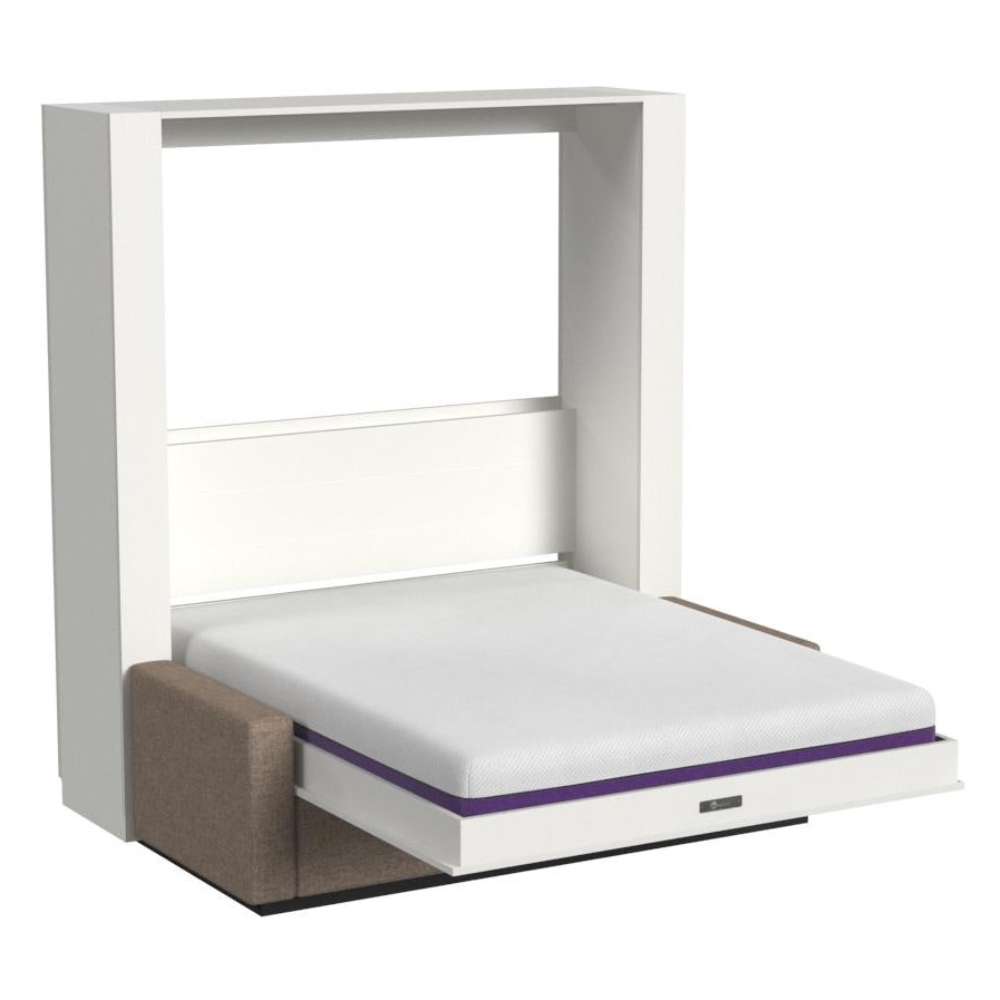White Inovabed Wall Bed with Sofa and Wide Flex Cabinet photographed at an angle on a white background, opened with a bare mattress showing a purple band and a taupe sofa base