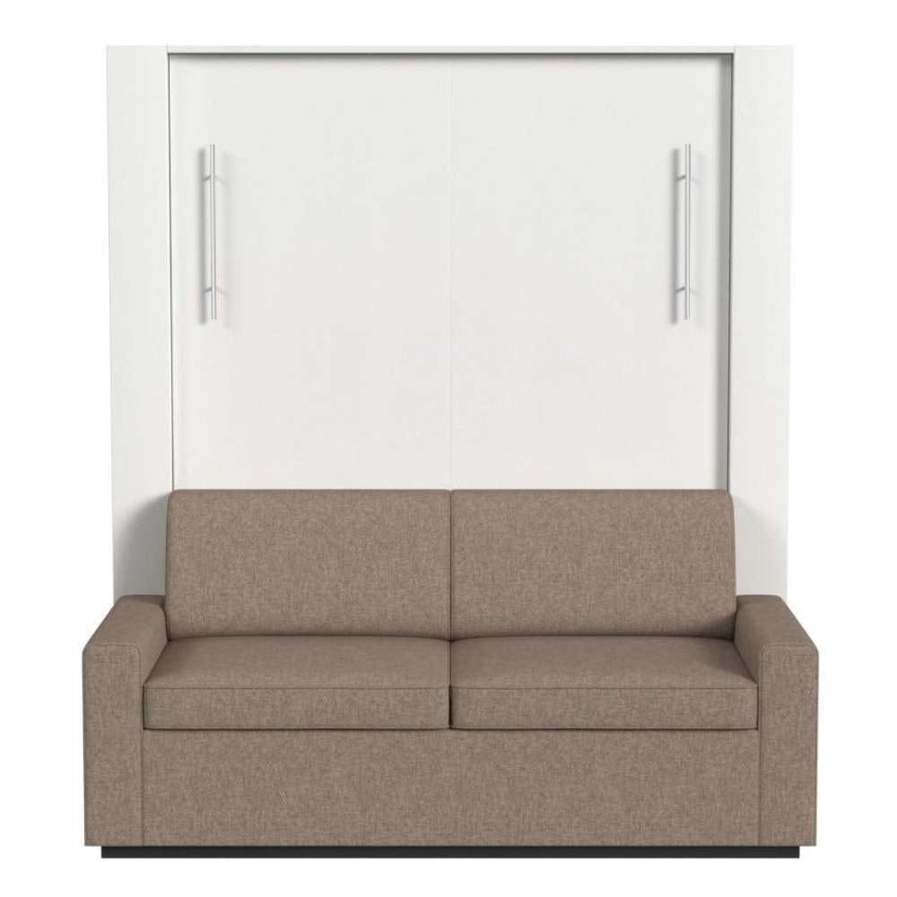 White Inovabed Wall Bed with Sofa and Wide Flex Cabinet seen head-on on a white background, closed with a two-seat taupe sofa and two slim silver handles on the cabinet doors
