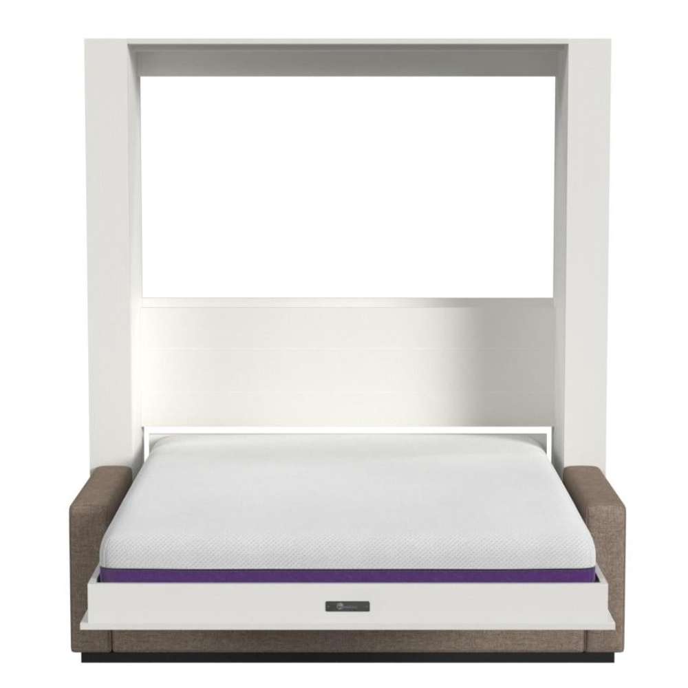 White Inovabed Wall Bed with Sofa and Wide Flex Cabinet seen head-on on a white background, opened with a bare mattress showing a purple band and a taupe sofa base