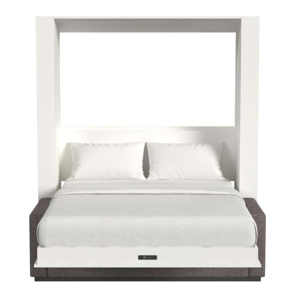 White Inovabed Wall Bed with Sofa and Wide Flex Cabinet seen head-on on a white background, opened with two white pillows, white bedding and a dark brown sofa base