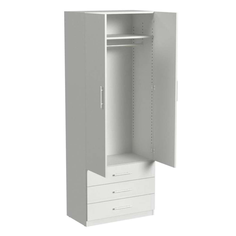 White Inovabed Wall Bed with Sofa and Wide Flex Cabinet showing the Wide Flex Cabinet at an angle on a white background with one door open on a wardrobe rod above three drawers