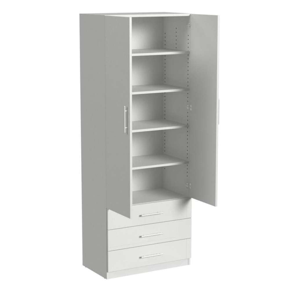 White Inovabed Wall Bed with Sofa and Wide Flex Cabinet showing the Wide Flex Cabinet at an angle on a white background with one door open on five shelves above three drawers