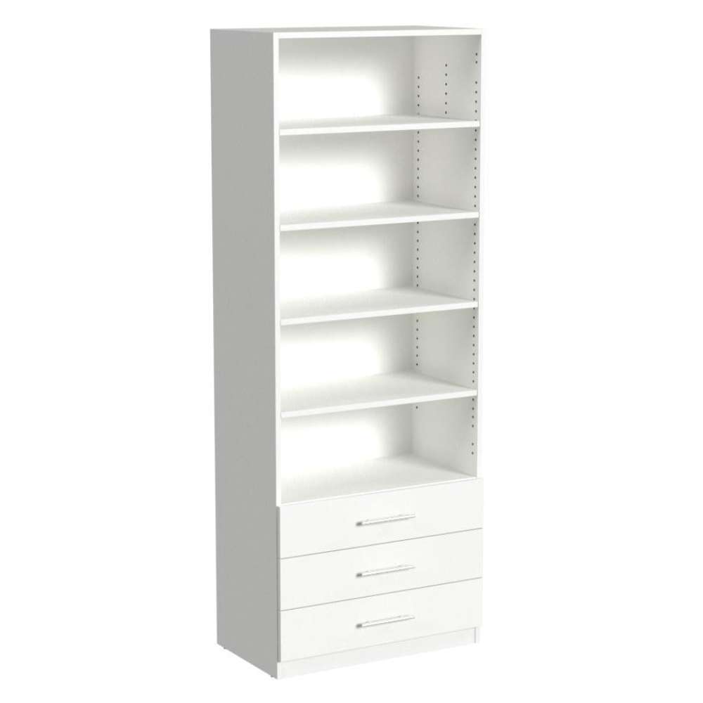 White Inovabed Wall Bed with Sofa and Wide Flex Cabinet showing the Wide Flex Cabinet at an angle on a white background with the doors removed, revealing five open shelves above three drawers