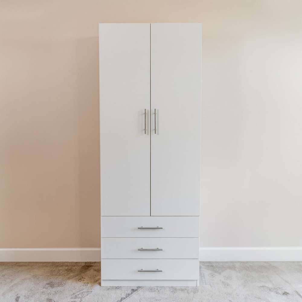 White Inovabed Wall Bed with Sofa and Wide Flex Cabinet showing the Wide Flex Cabinet closed head-on against a wall in a carpeted room
