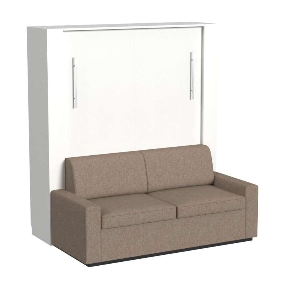 White Inovabed Wall Bed with Sofa closed on a white background, showing the two-seat beige sofa in front of the cabinet and two slim silver handles