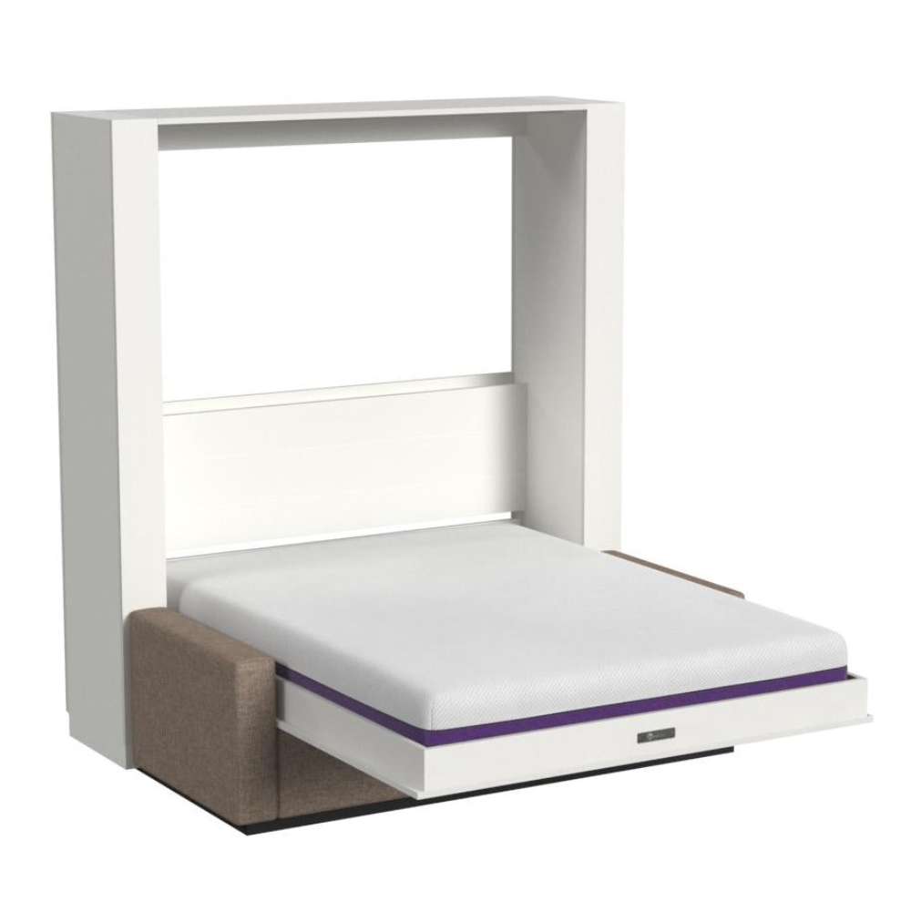 White Inovabed Wall Bed with Sofa photographed at an angle on a white background, opened with a bare white mattress showing a purple band along its edge