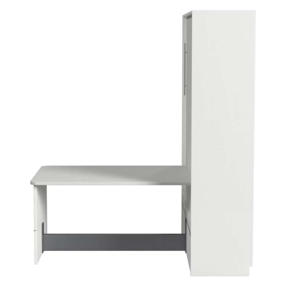 White Inovabed Wall Bed with Table and Two Narrow Flex Cabinets in side profile on a white background, closed with the tabletop projecting forward
