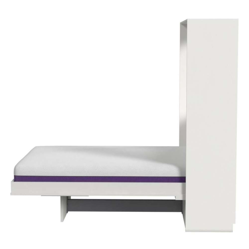 White Inovabed Wall Bed with Table and Two Narrow Flex Cabinets in side profile on a white background, opened with a bare mattress above a dark footrest bar