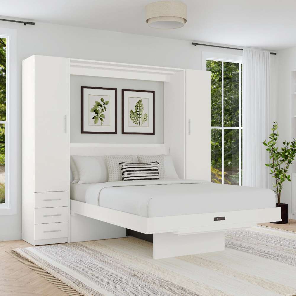 White Inovabed Wall Bed with Table and Two Narrow Flex Cabinets opened in a bright room between the two cabinets, with white bedding and two framed botanical prints above the headboard