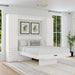 White Inovabed Wall Bed with Table and Two Narrow Flex Cabinets opened in a bright room between the two cabinets, with white bedding and two framed botanical prints above the headboard
