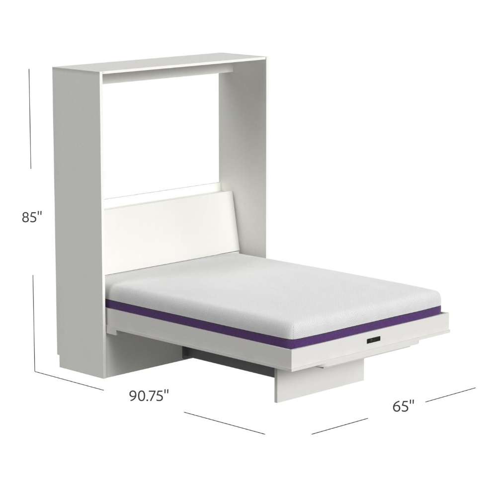 White Inovabed Wall Bed with Table and Two Narrow Flex Cabinets opened with dimension labels reading 85 inches high, 90.75 inches deep and 65 inches wide