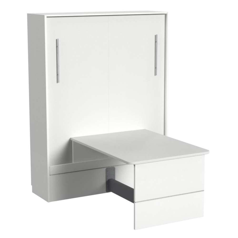 White Inovabed Wall Bed with Table and Two Narrow Flex Cabinets photographed at an angle on a white background, closed with the table extended and no side cabinets in shot