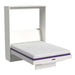 White Inovabed Wall Bed with Table and Two Narrow Flex Cabinets photographed at an angle on a white background, opened with a bare mattress showing a purple band along its edge