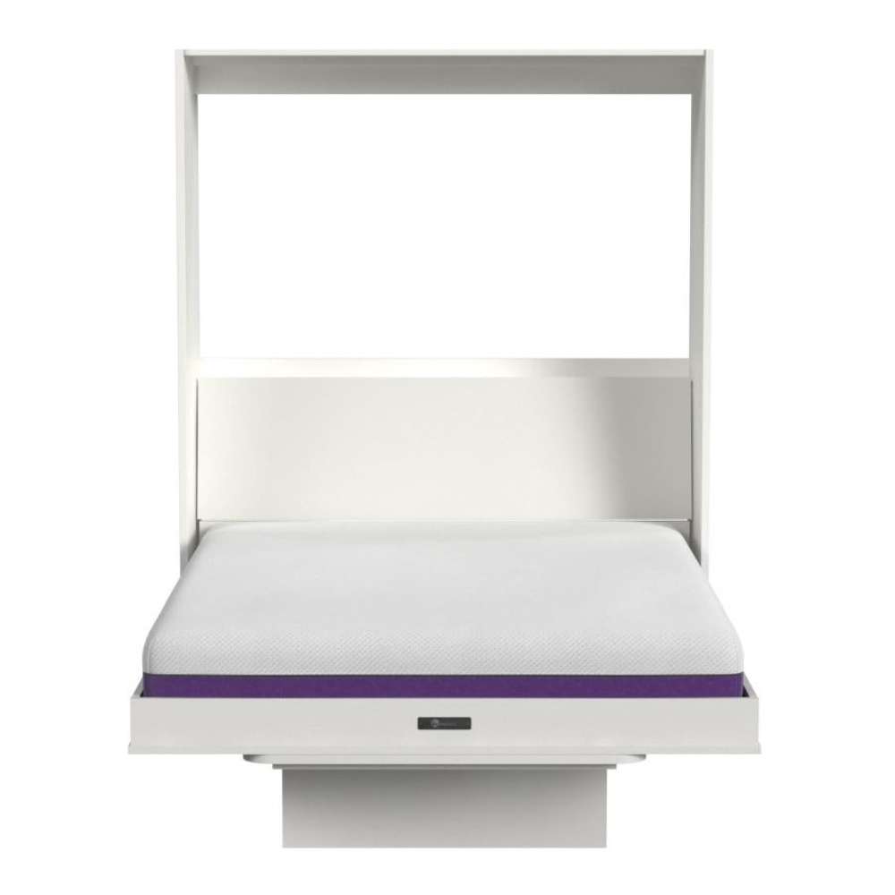 White Inovabed Wall Bed with Table and Two Narrow Flex Cabinets seen head-on on a white background, opened with a bare mattress showing a purple band along its edge