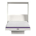 White Inovabed Wall Bed with Table and Two Narrow Flex Cabinets seen head-on on a white background, opened with a bare mattress showing a purple band along its edge