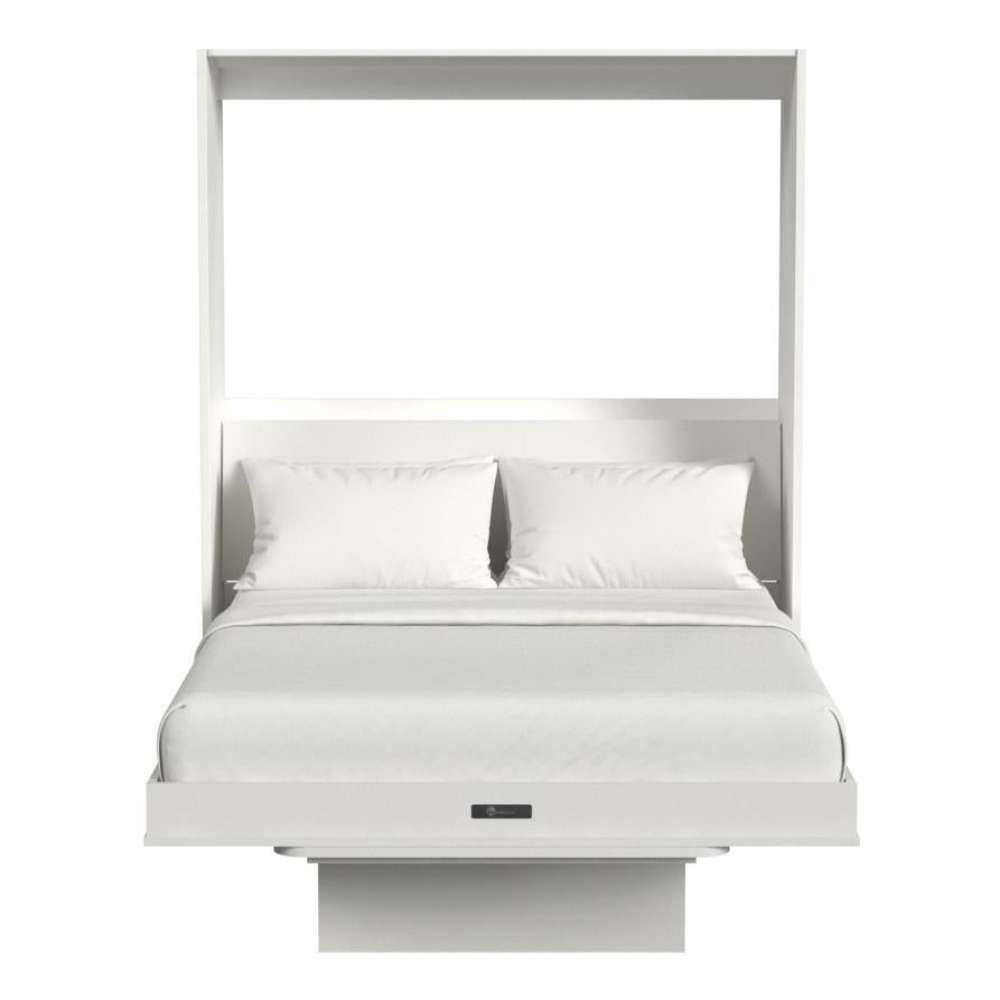 White Inovabed Wall Bed with Table and Two Narrow Flex Cabinets seen head-on on a white background, opened with two white pillows and white bedding