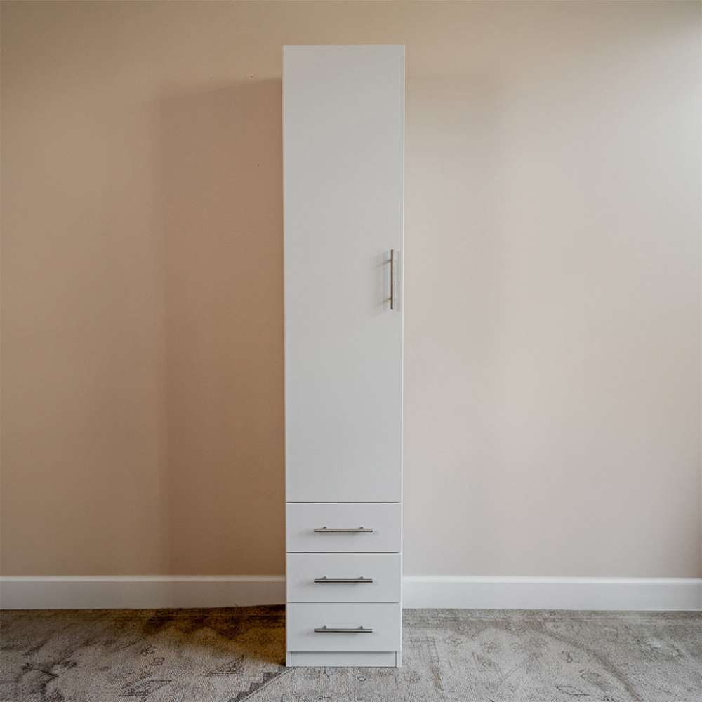 White Inovabed Wall Bed with Table and Two Narrow Flex Cabinets showing one Narrow Flex Cabinet closed against a wall, with a tall door above three drawers