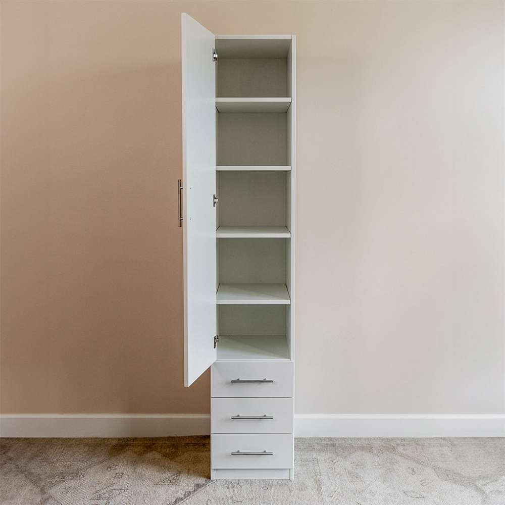 White Inovabed Wall Bed with Table and Two Narrow Flex Cabinets showing one Narrow Flex Cabinet with its door open on empty shelves above three closed drawers