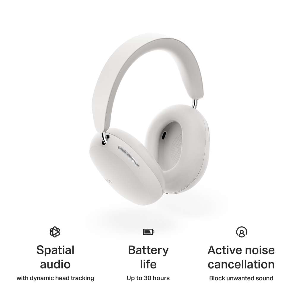 White Sonos Ace Wireless Headphones with Noise Cancellation angled view above three captioned icons reading Spatial audio with dynamic head tracking, Battery life up to 30 hours and Active noise cancellation block unwanted sound