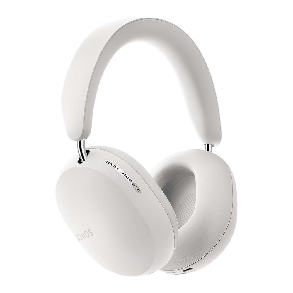 White Sonos Ace Wireless Headphones with Noise Cancellation angled view of the over-ear headphones showing the padded headband and both earcups on a white background