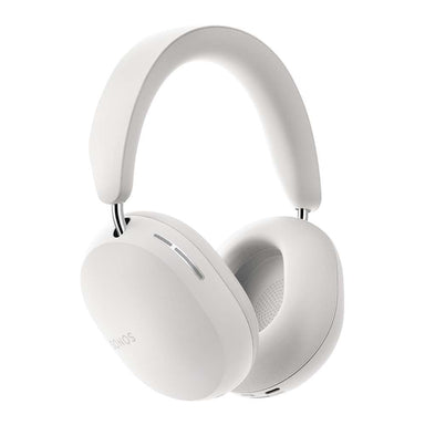 White Sonos Ace Wireless Headphones with Noise Cancellation angled view of the over-ear headphones showing the padded headband and both earcups on a white background