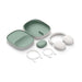 White Sonos Ace Wireless Headphones with Noise Cancellation flat lay of the headphones with their open green carrying case, a small pouch and two white cables on a white background