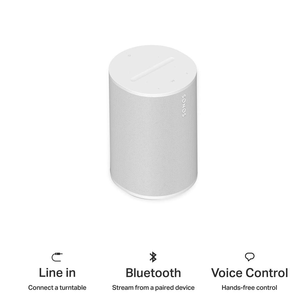 White Sonos Era 100 Next-Gen Smart Speaker angled view above three captioned icons reading Line in connect a turntable, Bluetooth stream from a paired device and Voice Control hands-free control