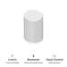 White Sonos Era 100 Next-Gen Smart Speaker angled view above three captioned icons reading Line in connect a turntable, Bluetooth stream from a paired device and Voice Control hands-free control