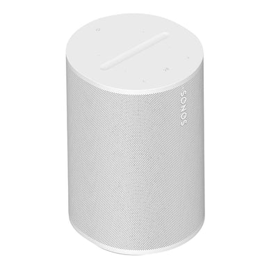 White Sonos Era 100 Next-Gen Smart Speaker angled view of the cylindrical speaker showing its perforated grille and the touch controls on the flat top on a white background