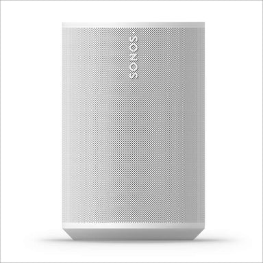 White Sonos Era 100 Next-Gen Smart Speaker straight-on front view of the speaker showing the perforated grille and the vertical Sonos wordmark on a white background