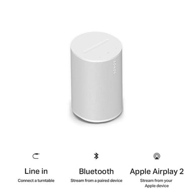White Sonos Era 100 SL Compact Wireless Speaker angled view above three captioned icons reading Line in connect a turntable, Bluetooth stream from a paired device and Apple Airplay 2 stream from your Apple device