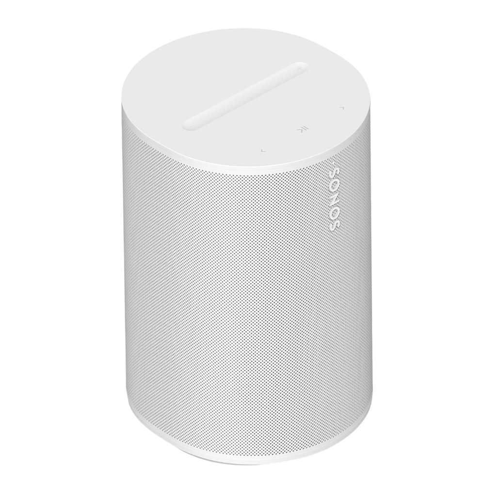 White Sonos Era 100 SL Compact Wireless Speaker angled view of the cylindrical speaker showing its perforated grille and the touch controls on the flat top on a white background