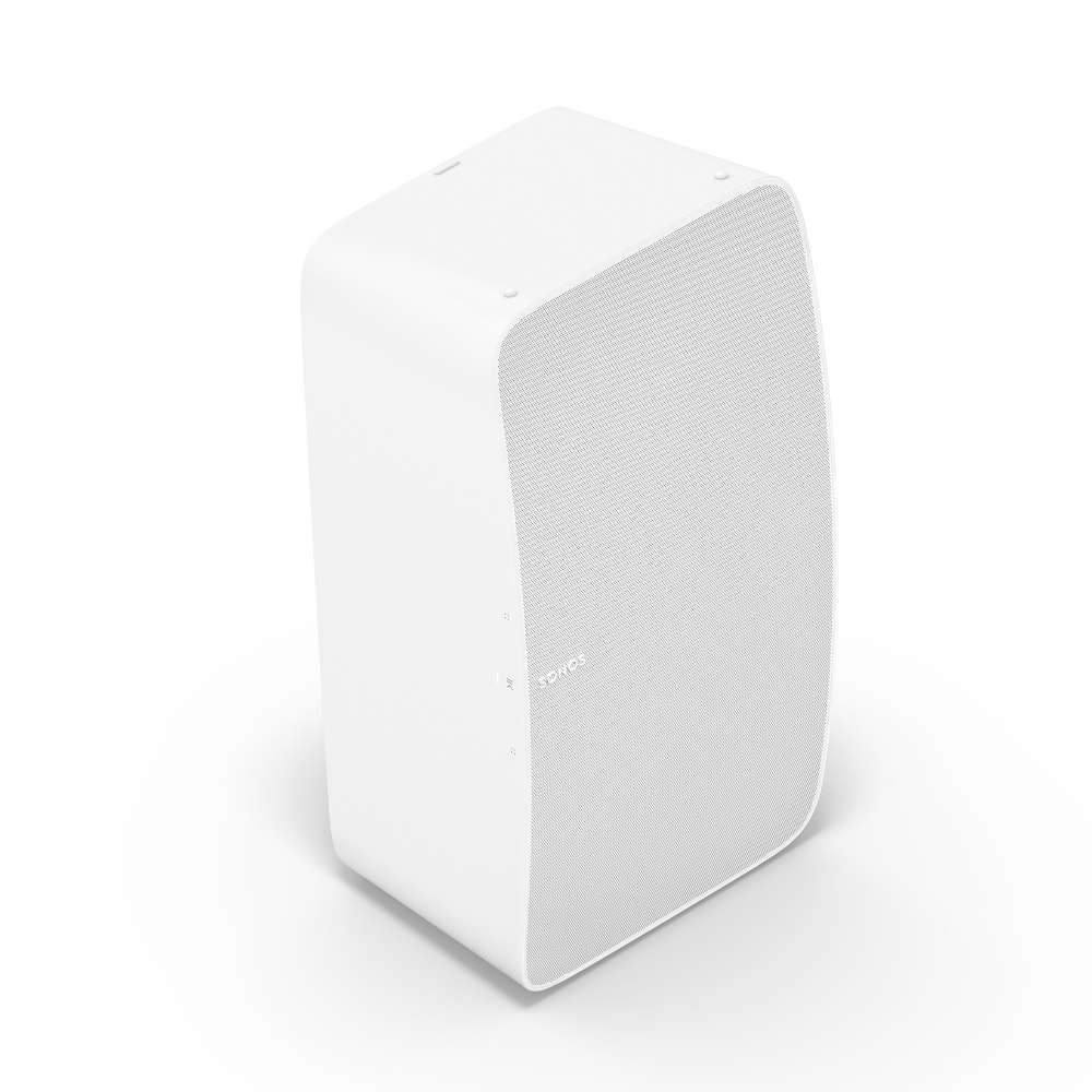 White Sonos Five Speaker angled view of the speaker standing upright in vertical orientation on a white background