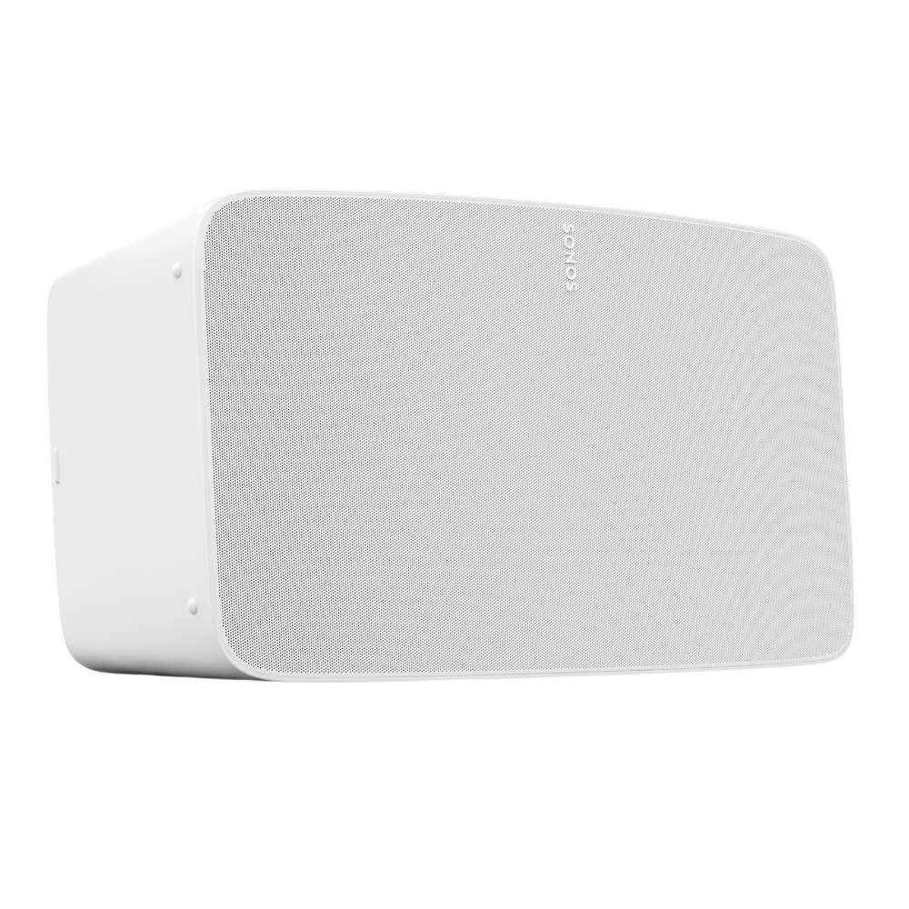 White Sonos Five Speaker angled view of the wide rectangular speaker lying horizontally showing its curved grille on a white background