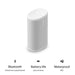 White Sonos Play Portable Bluetooth Speaker angled view above three captioned icons reading Bluetooth stream from a paired device, Battery life up to 24 hours and Waterproof IP67
