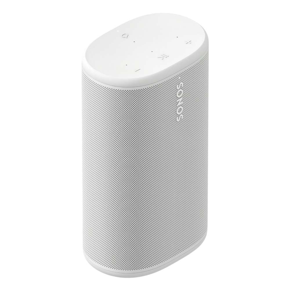 White Sonos Play Portable Bluetooth Speaker angled view of the oval portable speaker showing its perforated grille and the Sonos wordmark on a white background