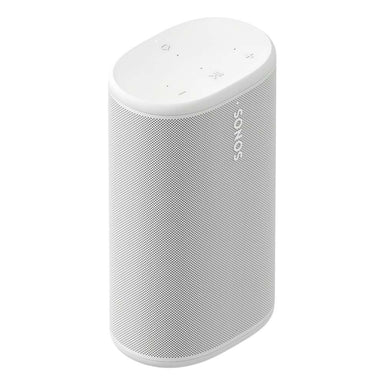 White Sonos Play Portable Bluetooth Speaker angled view of the oval portable speaker showing its perforated grille and the Sonos wordmark on a white background