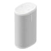 White Sonos Play Portable Bluetooth Speaker angled view of the oval portable speaker showing its perforated grille and the Sonos wordmark on a white background