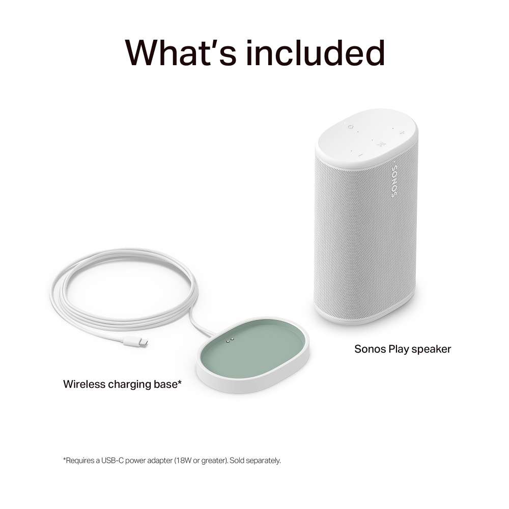 White Sonos Play Portable Bluetooth Speaker What's included layout showing the speaker labelled Sonos Play speaker beside a green and white pad labelled Wireless charging base on a white background