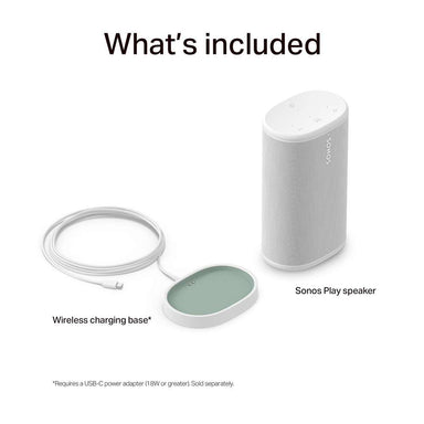 White Sonos Play Portable Bluetooth Speaker What's included layout showing the speaker labelled Sonos Play speaker beside a green and white pad labelled Wireless charging base on a white background