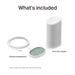 White Sonos Play Portable Bluetooth Speaker What's included layout showing the speaker labelled Sonos Play speaker beside a green and white pad labelled Wireless charging base on a white background