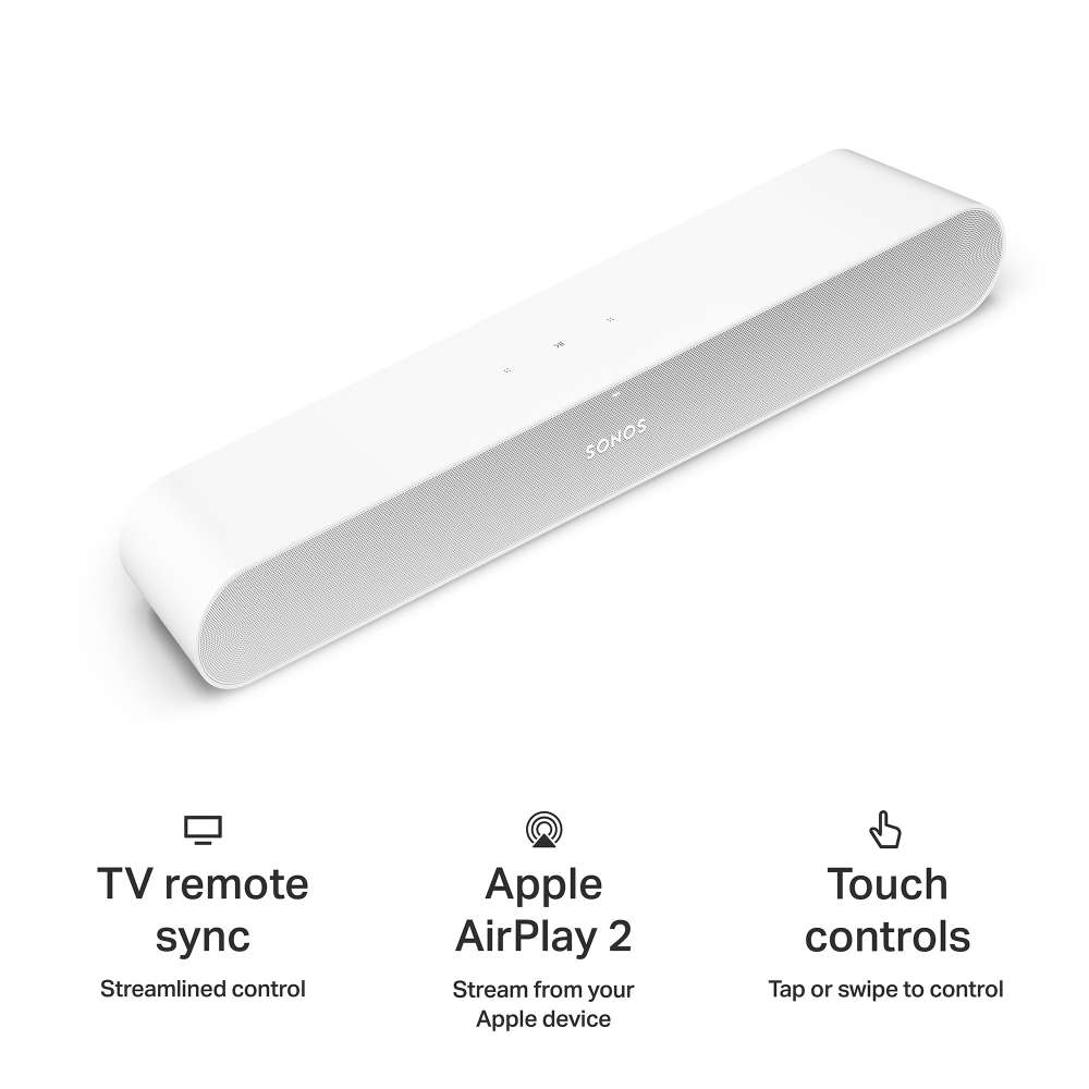 White Sonos Ray Sound Bar angled view above three captioned icons reading TV remote sync streamlined control, Apple AirPlay 2 stream from your Apple device and Touch controls tap or swipe to control