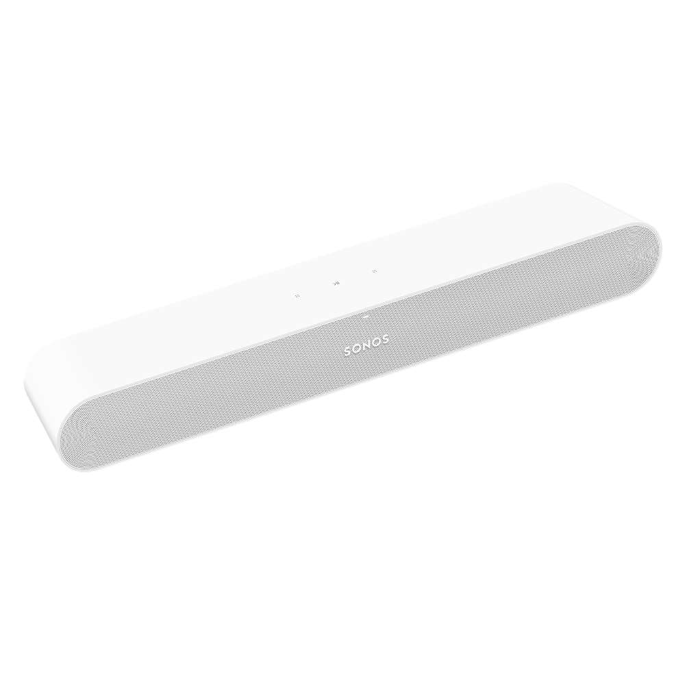 White Sonos Ray Sound Bar angled view of the compact sound bar showing its perforated front grille and the touch controls on top against a white background