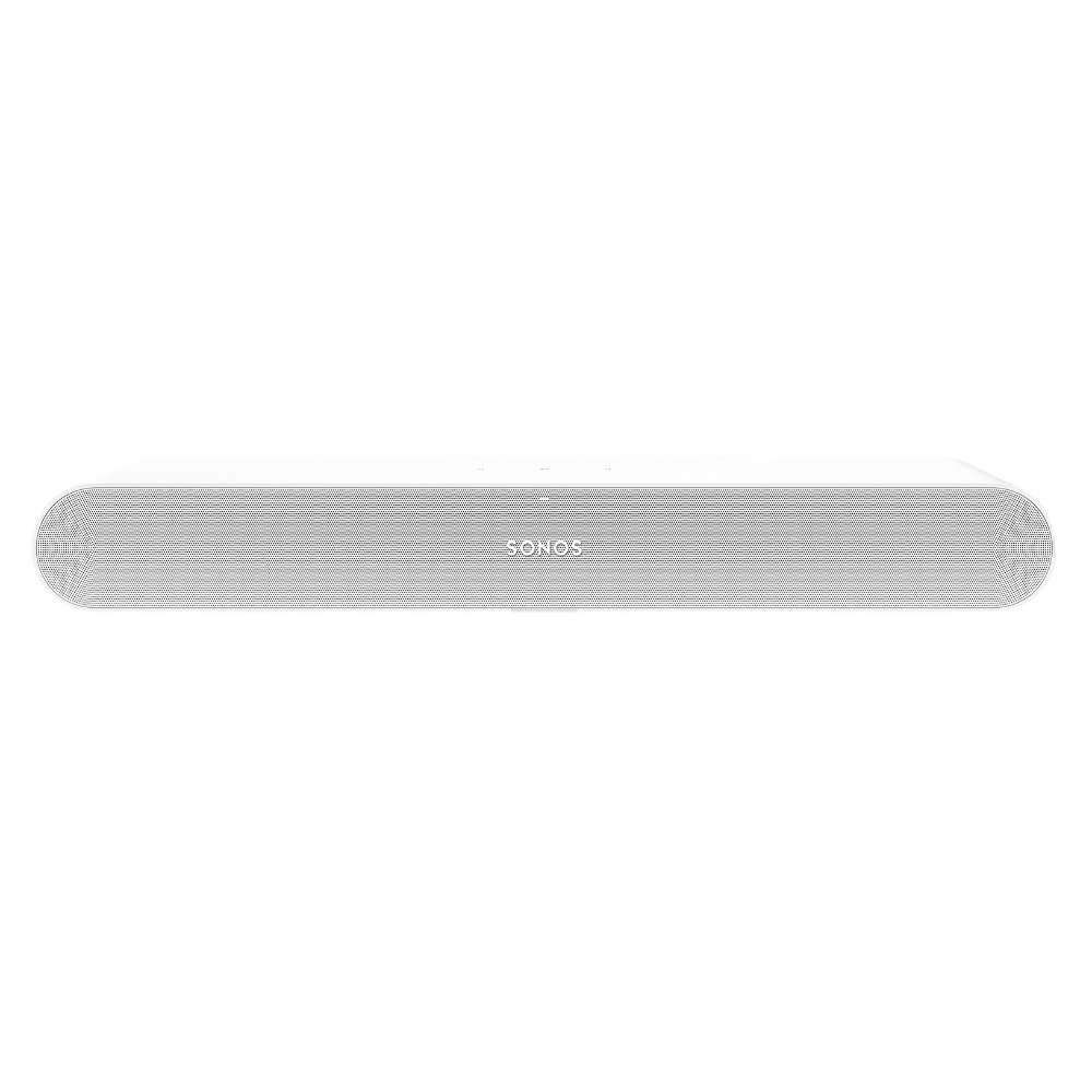 White Sonos Ray Sound Bar straight-on front view of the bar showing its perforated grille and small Sonos wordmark on a white background